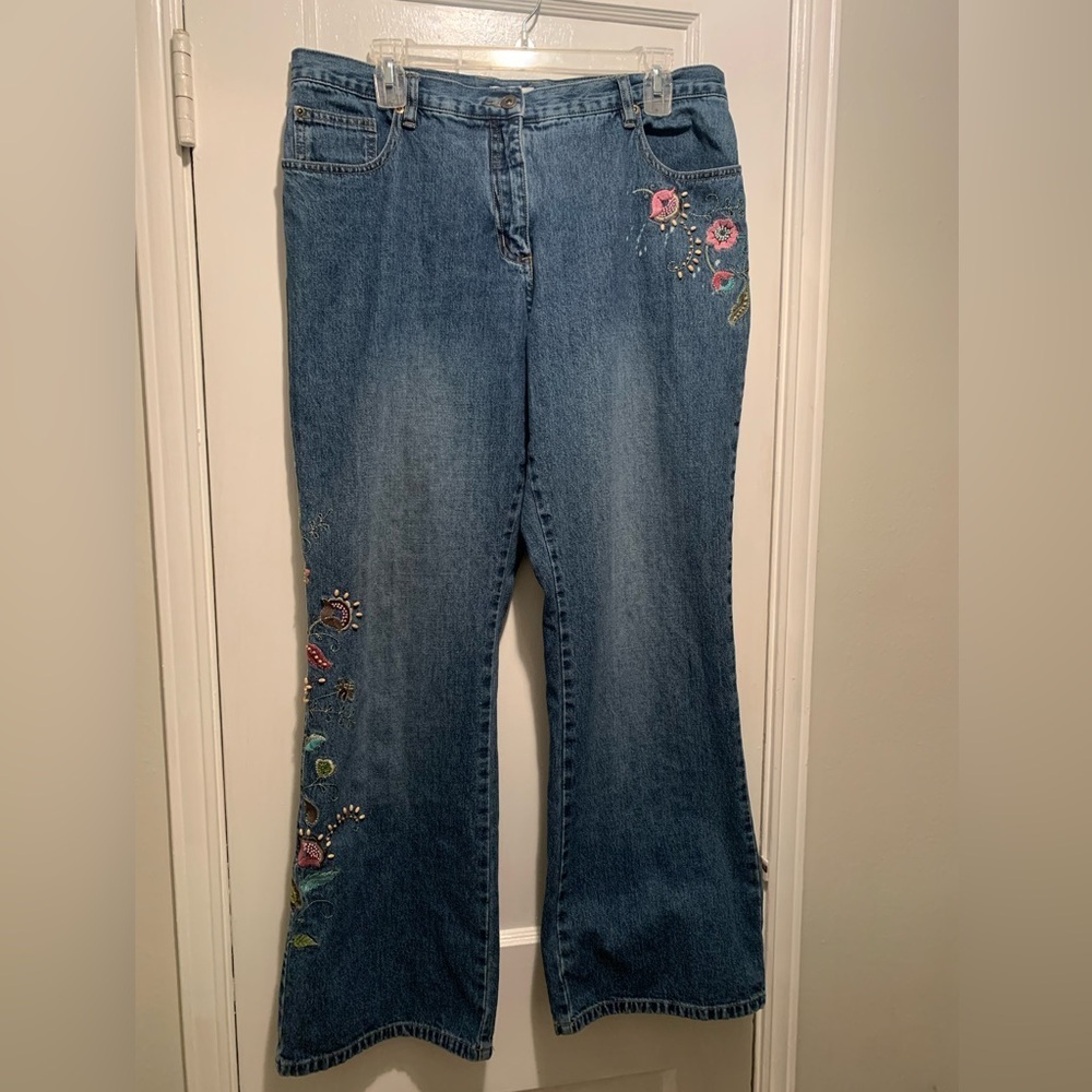 Christopher & Banks Flare Boho hippie flower embroidered design jeans 14